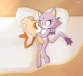 age_difference anthro bed bedding big_ears blanket blush duo female female/female flat_chested fur furniture holding_partner hug hugging_another looking_at_another looking_down lying lying_on_bed markings nipples nude on_bed orange_eyes orange_markings pillow purple_body purple_fur size_difference smile tail tan_body white_body white_fur white_skin yellow_eyes young young_female bingbingo sega sonic_the_hedgehog_(series) blaze_the_cat cream_the_rabbit domestic_cat felid feline felis lagomorph leporid mammal rabbit hi_res signature watermark