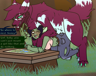 belt bestiality blush bottomwear breasts butt clothed clothing denim denim_bottomwear denim_clothing duo ear_piercing female feral footwear forest forest_background fur green_body green_skin hair humanoid_on_feral husband_and_wife jeans jewelry male male/female map married_couple nature nature_background necklace nude outside pants piercing plant ring romantic romantic_couple shirt shoes smile tank_top text topwear torn_bottomwear torn_clothing torn_pants tree redgreenfluffball belle_pyrite zach_snowfox canid canine canis goblin humanoid mammal wolf 5:4 digital_media_(artwork) english_text hi_res