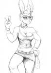 anthro breasts cigarette cleavage clothed clothing ear_piercing eyewear facial_piercing female glasses jewelry lip_piercing necklace off_shoulder piercing solo hladilnik janice_(hladilnik) lagomorph leporid mammal rabbit black_and_white hi_res monochrome