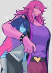 5_fingers ahoge ambiguous_gender anthro armor belt big_breasts black_clothing black_nails blue_body blue_hair blue_skin bottomwear bracelet breasts capelet clothing colored_nails duo female fingers freckles fur gauntlets gloves gold_(metal) hair handwear hidden_eyes jacket jacket_vest jewelry long_hair metal mouth_closed muscular nails pants pink_body pink_fur pink_skin purple_clothing purple_hair scarf shadowed_eyes sharp_teeth short_hair simple_background sleeveless_shirt smile spiked_bracelet spikes teeth topwear vest yellow_eyes yellow_teeth suurin_2 deltarune undertale_(series) kris_(deltarune) susie_(deltarune) human lizard mammal reptile scalie 2025 absurd_res digital_drawing_(artwork) digital_media_(artwork) hi_res signature