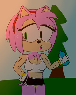 accessory anthro black_bottomwear black_clothing black_shorts bodily_fluids bottle bottomwear breasts clothing container crop_top female headband hotpants muscular red_headband shirt shorts solo sweat topwear water_bottle white_clothing white_crop_top white_topwear sticky_carl sega sonic_the_hedgehog_(series) amy_rose eulipotyphlan hedgehog mammal hi_res