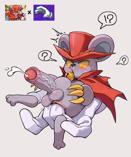 abdominal_bulge anal anal_fingering anthro balls black_nose blush bodily_fluids cape clothing erection exclamation_point fingering genitals grey_body hat headgear headwear kemono male penis question_mark tears knptiii kirby_(series) kirby_squeak_squad nintendo super_smash_bros. daroach master_hand mammal mouse murid murine rodent 2025 absurd_res hi_res