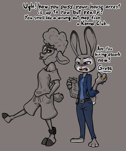 3_toes 4_fingers ankle_monitor anthro barefoot belt biped black_belt black_eyebrows black_text blue_bottomwear blue_clothing blue_jacket blue_pants blue_shirt blue_topwear bottomwear bra buckteeth clipboard clothing cloven_hooves dialogue digit_ring disgust duo eyebrows eyelashes eyewear feet female female_anthro finger_ring fingers fur glasses gold_ring green_eyes grey_body grey_fur half-closed_eyes hand_in_pocket holding_clipboard holding_object hooves jacket jewelry looking_back narrowed_eyes open_mouth pants pink_nose pink_tongue plantigrade pockets police_badge pupils purple_eyes red_tongue ring shirt short_sleeves short_tail shorts standing tail talking_to_another teeth text toes tongue tongue_out topwear underwear walking wedding_ring wool_(fur) soulcentinel disney zootopia dawn_bellwether judy_hopps bovid caprine domestic_sheep european_rabbit lagomorph leporid mammal oryctolagus rabbit sheep 2025 english_text hi_res restricted_palette
