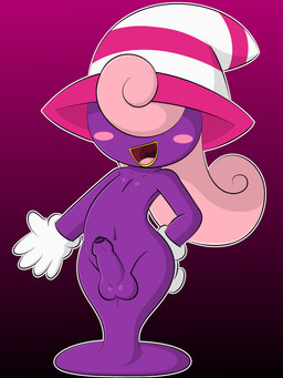 clothing femboy genitals gloves gradient_background hair hair_over_eyes hand_on_hip handwear hat headgear headwear legless lips male mostly_nude not_furry open_mouth open_smile outline penis pink_hair purple_body simple_background smile solo white_clothing white_gloves white_handwear white_outline witch_hat yellow_lips dreameclipsewolf mario_bros nintendo paper_mario vivian_(mario) ghost humanoid shadow_siren spirit 2022 3:4 absurd_res digital_media_(artwork) hi_res trans_(lore) trans_woman_(lore)