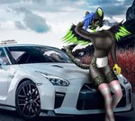 anthro biped car clothed clothing detailed_background ear_piercing ear_ring female fluffy footwear outside piercing ring_piercing socks solo standing topwear vehicle wings lucareelo nissan nissan_gtr blizzie canid canine felid feline mammal absurd_res hi_res