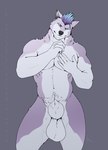 abs animal_genitalia anthro balls big_balls blue_eyes blue_hair eyebrows facial_hair fully_sheathed fur genitals grey_body grey_ears grey_fur hair looking_at_viewer male mohawk muscular navel nude pecs pubes sheath simple_background smile solo thick_eyebrows thick_sheath thick_thighs white_balls white_body white_fur white_sheath fullbodywolf canid canine canis mammal wolf hi_res sketch