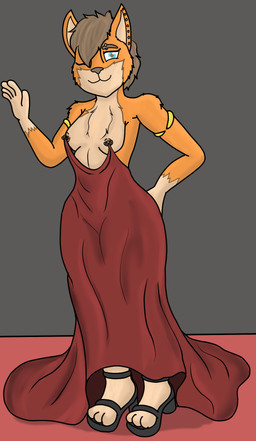 anthro areola armlet barbell_piercing chest_tuft clothing dress female gesture linked_nipples linked_piercing looking_at_viewer nipple_piercing nipple_ring_dress nipples one_eye_closed piercing red_clothing red_dress solo tuft waving waving_at_viewer wink winking_at_viewer dank-artistic-fox meme_clothing nipple_piercing_dress chappell_roan roxanne_flores canid canine fox mammal absurd_res hi_res meme