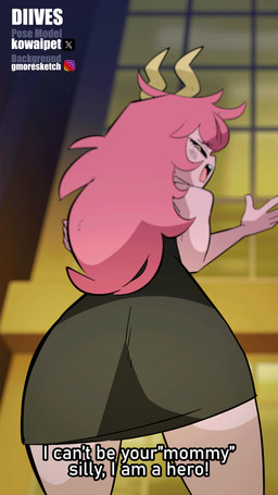 5_fingers big_butt biped black_clothing black_sclera butt clothed clothed_female clothed_humanoid clothing female female_humanoid fingers hair horn humanoid_hands long_hair looking_at_viewer looking_back looking_back_at_viewer pink_body pink_hair pink_skin solo standing talking_to_viewer yellow_eyes diives my_hero_academia ashido_mina horned_humanoid humanoid quirked_human_(my_hero_academia) 2026 9:16 animated hi_res