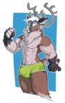 abs anthro biceps big_bulge bulge clothed clothing fist fur looking_away male muscular muscular_male neck_tuft pecs raised_arm raised_fist raised_hand smile solo topless tuft underwear ducky_(artist) mnty_(character) deer mammal new_world_deer reindeer hi_res