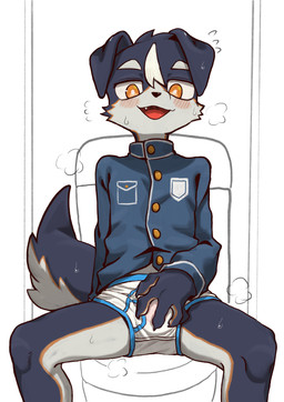 adolescent anthro balls_outline blush blush_lines bodily_fluids briefs bulge claws clothed clothing cute_fangs detailed_bulge fangs finger_claws fluffy fluffy_tail folded_ears fur genital_outline jacket kemono looking_at_viewer male multicolored_body multicolored_fur orange_eyes pantless_anthro pantsless pantsless_male sitting slim slim_anthro slim_male solo sweat sweatdrop tail teeth topwear underwear young young_anthro young_male ikiyok canid canine canis domestic_dog mammal absurd_res hi_res