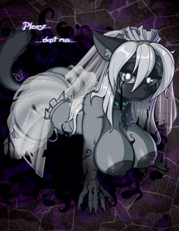 all_fours anthro areola big_areola big_breasts big_butt breasts butt clothing collar dress female fur grey_body grey_fur huge_breasts looking_at_viewer pupils solo tail tendrils text thick_thighs translucent translucent_clothing wedding_veil white_pupils wide_hips conditional_dnp teckworks ava_caligo domestic_cat felid feline felis ghost mammal shadow_creature spirit 2025 english_text hi_res