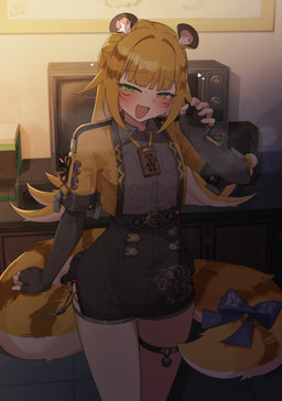 accessory animal_ears bare_legs belt bent_arm black_bottomwear black_clothing black_shorts blonde_hair blush bottomwear claw_pose clothed clothing collared_shirt dress_shirt female female_humanoid fluffy_ears furgonomics glistening glistening_hair green_eyes grey_dress_shirt hair half-closed_eyes heart_symbol inside jacket long_hair markings narrowed_eyes open_clothing open_jacket open_mouth open_topwear ribbons shirt shorts snorting striped_hair striped_markings striped_tail stripes tail tail_accessory tail_markings tail_ribbon thigh_strap topwear two_tone_tail white_hair yellow_clothing yellow_jacket_(clothing) yellow_topwear guruten3347 ju_fufu animal_humanoid felid felid_humanoid humanoid mammal mammal_humanoid pantherine pantherine_humanoid thiren tiger_humanoid absurd_res hi_res