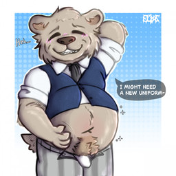 accessory anthro belly big_belly blush bottomwear bulge clothed clothing dialogue embarrassed exposed_belly eyes_closed hand_on_belly hands_behind_head male navel necktie nervous nervous_smile open_bottomwear open_clothing open_pants pants school_uniform shirt solo speech_bubble text topwear underwear uniform vest elias_(artist) beastars riz_(beastars) bear mammal 1:1 english_text hi_res