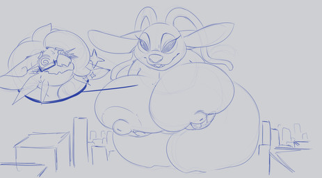 ambiguous_gender antennae_(anatomy) anthro areola between_breasts big_breasts big_nipples biped blush blush_lines breast_squish breasts city duo ear_halo eyebrows eyelashes eyewear female female/ambiguous glasses grey_background grin hair holding_breast huge_breasts huge_nipples huge_thighs hyper hyper_thighs lidded_eyes long_antennae macro nervous nervous_smile nipples raised_inner_eyebrows simple_background smile spiral spiral_eyes squish thick_thighs whiskers robertge disney lilo_and_stitch nintendo pokemon angel_(lilo_and_stitch) ganger alien deity dewott experiment_(lilo_and_stitch) generation_5_pokemon mammal mustelid otter pokemon_(species) 2026 blue_and_grey digital_drawing_(artwork) digital_media_(artwork) english_description hi_res monochrome sketch