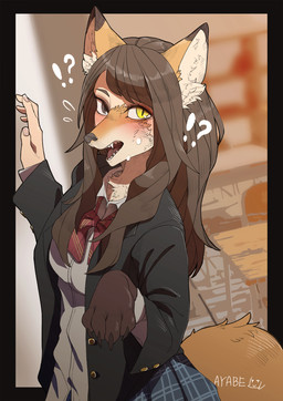 black_nose brown_hair chest_tuft claws clothing female hair human_to_anthro inner_ear_fluff inside interrobang mid_transformation open_mouth pupils school school_uniform slit_pupils solo species_transformation surprised transformation tuft uniform yellow_eyes ayabemiso canid canine fox human mammal 2022 hi_res