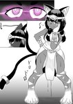 2_tails anthro biped black_hair bodily_fluids breasts claws clothed clothing egyptian egyptian_clothing eyes_close-up female female_anthro front_view fully_clothed fur gloves_(marking) glowing glowing_eyes hair hand_on_face hand_on_hip inner_ear_fluff leg_markings looking_at_viewer markings multi_tail onomatopoeia paws pink_eyes pupils side_view slit_pupils smile socks_(marking) solo sound_effects spread_legs spreading standing sweat tail text tongue tongue_out tuft jjboywuxia2008 felid feline mammal 2024 absurd_res comic hi_res japanese_text monochrome screentone spot_color