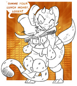 4_horns ankle_cuffs anthro armwear aroused black_tail_tip blush blush_lines border bullying clothing cuff_(restraint) curled_horn dialogue dipstick_tail duo ears_down elbow_gloves emanata exclamation_point eyebrows female frowning_at_viewer gloves grappling hair handwear horn lifting_another looking_at_another looking_at_viewer looking_down male male/female markings motion_lines multi_horn one_eye_closed pivoted_ears pockets rear_naked_choke repeated_internal_monologue repeated_text restraints scrubbing shortstack shortstack_female shortstack_male simple_background smirking_at_another speech_bubble spots spotted_body tail tail_markings text text_background thick_eyebrows thick_thighs touching_hair white_border yellow_background potoobrigham piko_(simplifypm) xing_the_cheetah cheetah felid feline kobold mammal scalie 2020 digital_media_(artwork) english_text