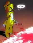 accessory anthro blood blood_on_face blood_on_hand blood_splatter bodily_fluids breasts dialogue ellipsis female hair_accessory knife nude solo speech_bubble stylized panken animal_crossing nintendo isabelle_(animal_crossing) canid canine canis domestic_dog mammal shih_tzu toy_dog hi_res