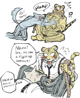 anthro blush bottomwear bulge bulge_in_face clothed clothing countershading dialogue duo emanata embarrassed erection erection_under_clothing humor inner_monologue interrobang kneeling male male/male motion_lines necktie open_mouth pants rope shirt simple_background sitting speech_bubble suspenders tenting text thinking thought_bubble topwear tug_of_war unwanted_erection white_background wide_eyed yuzuki_fang111 beastars bill_(beastars) legoshi_(beastars) bengal_tiger canid canine canis felid mammal pantherine tiger wolf 2021 english_text hi_res japanese_text translated