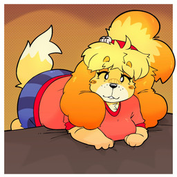 accessory anthro bell bent_over_furniture big_ears blonde_hair blue_bottomwear blue_clothing border bottomwear breasts clothing eyelashes female fur hair hair_accessory hair_tie half-closed_eyes looking_at_viewer lying narrowed_eyes on_front pattern_bottomwear pattern_clothing red_clothing red_shirt red_topwear shirt solo striped_bottomwear striped_clothing stripes tail tied_hair topwear whisker_spots white_border yellow_body yellow_fur nonientalz animal_crossing nintendo isabelle_(animal_crossing) canid canine canis domestic_dog mammal shih_tzu toy_dog 1:1 hi_res
