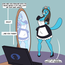 anthro biped blue_body breasts clothing dialogue female hair looking_at_mirror looking_at_object looking_at_self maid_uniform mature_anthro mature_female mirror solo speech_bubble text uniform trevor-fox cartoon_network the_amazing_world_of_gumball malkai_(malkaiwot) nicole_watterson domestic_cat felid feline felis mammal 1:1 2020 colored english_text hi_res
