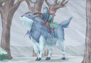 ambiguous_gender blue_body blue_fur blue_skin clothed clothing female feral fur group horn male outside plant quadruped riding smile snow tree walking white_body white_fur wind pokegontc bovid caprine human humanoid mammal rocky_mountain_goat 2021 digital_media_(artwork) hi_res