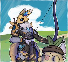 ambiguous_gender anthro armor arrow_(weapon) black_claws black_nose black_sclera claws clothing cloud countershading dirt duo eyebrows fluffly flying fur fur_markings grass leg_markings light long_ears long_tail looking_aside markings metal neck_tuft outside pink_tongue plant purple_body purple_fur ranged_weapon sky sunlight tail text thigh_markings tomoe_(symbol) tongue tongue_out tuft weapon white_body white_countershading white_fur yellow_body yellow_fur tolska0 bandai_namco digimon palworld pocketpair avian bird canid digimon_(species) gumoss mammal pal_(species) renamon artist_name crossover digital_drawing_(artwork) digital_media_(artwork) hi_res
