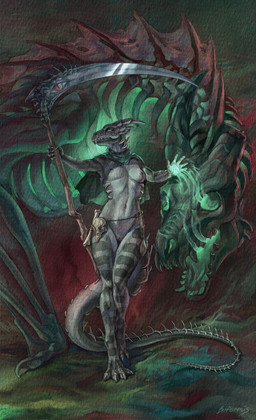 ambiguous_gender anthro bone bone_mask breasts cape clothing duo female feral front_view genitals grey_body grey_scales holding_object holding_weapon magic mask melee_weapon mostly_nude nipples polearm scales scythe simulated_traditional_(artwork) skeleton skull skull_mask spiked_tail spikes spikes_(anatomy) tail vulva weapon biformis mythology myst_(fr0stbit3) dragon lich lizard mythological_creature mythological_scalie reptile scalie undead digital_media_(artwork) digital_painting_(artwork) digital_watercolor_(artwork) hi_res painting_(artwork) watercolor_(artwork)