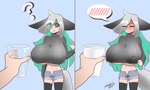 ambiguous_gender big_breasts black_sclera blush blush_lines bodily_fluids bottomwear breasts clothing container cup duo eyes_closed female first_person_view green_eyes green_hair grey_hair hair hair_over_eye huge_breasts lactating lactating_in_cup lactating_through_clothing long_hair midriff milk multicolored_hair navel one_eye_obstructed open_mouth question_mark shirt shorts speech_bubble standing tail text topwear translucent translucent_hair under_boob wet wet_clothing zedrin fuyumi_(zedrin) animal_humanoid canid canid_humanoid canine canine_humanoid fox_humanoid human humanoid mammal mammal_humanoid 5:3 hi_res signature