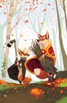 ambiguous_gender anthro autumn bottomless bundle cape clothed clothing detailed_background duo forest grey_eyes lamp lantern leaf outside plant red_eyes sticks trail tree fox_&_brownsugar canid canine fox mammal red_fox true_fox hi_res