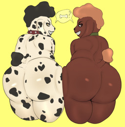 anthro big_butt black_hair black_nose black_spots bone brown_body brown_eyes brown_fur butt collar collar_only duo female fur green_collar grin hair huge_butt looking_at_viewer looking_back markings nude overweight overweight_anthro overweight_female presenting presenting_hindquarters pupils rear_view red_collar sharp_teeth simple_background smile speech_bubble spiked_collar spikes spots spotted_body spotted_fur tan_body tan_fur tan_hair teeth thick_thighs white_body white_fur yellow_background yellow_eyes hewa five_nights_at_freddy's:_secret_of_the_mimic sharpay_(secret_of_the_mimic) canid canine canis domestic_dog mammal poodle 2025 hi_res