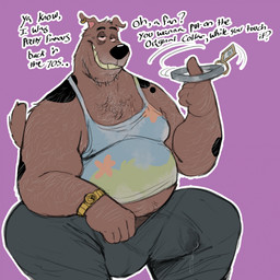 aged_up anthro barazoku belly big_belly bodily_fluids body_hair body_writing bottomwear brown_body brown_fur bulge chest_hair clock clothed clothing collar detailed_bulge ear_piercing ear_ring fur genital_fluids grey_hair hair hairy hairy_male leaking_precum male mature_male mottled mottled_body mottled_fur musclegut muscular obese obese_anthro obese_male overweight overweight_anthro overweight_male pants piercing precum precum_through_clothing ring_piercing simple_background solo surgical_scar sweatpants talking_to_viewer text watch wet wet_clothing writing_on_chest azathura hanna-barbera scooby-doo_(series) scooby-doo canid canine canis domestic_dog mammal 1:1 english_text hi_res