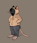 anthro black_body black_fur clothing fur hoodie simple_background solo tail topwear whiskers happycrumble mammal murid murine rat rodent