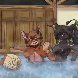 anthro areola bath bathhouse black_areola black_body black_fur black_nipples breasts brown_areola brown_nipples female female_anthro fur group medium_breasts nipples orange_body orange_fur plant profanity red_body red_fur skinny_female steam tan_body tan_fur text trio water spottledmutt nintendo pokemon aurora_(spottledmutt) nox_(spottledmutt) spot_(spottledmutt) canid canine eeveelution felid feline generation_2_pokemon mammal pokemon_(species) umbreon 1:1 english_text hi_res