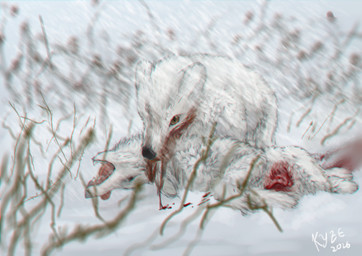 ambiguous_gender bite blood blood_on_chest blood_on_face blood_on_ground blood_on_mouth blood_on_snow blood_splatter blurred_background bodily_fluids cannibalism corpse dead_eyes dead_grass dead_tree dragging duo feral gore guts intestines intestines_out killing neck_bite organs plant simple_background snow snowing tongue tongue_out tree el_kyze arctic_fox canid canine fox mammal true_fox hi_res