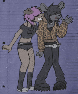 animal_print anthro bell bell_collar belt black_clothing black_collar black_crop_top black_nose black_shirt black_topwear boots bottomwear clothed clothed_anthro clothed_female clothing collar crop_top duo ear_piercing ear_stud female floppy_ears footwear fur gesture grey_body grey_fur grey_hair hair hair_over_eyes hotpants humanoid_hands knock-kneed leopard_print long_hair navel open_mouth pants piercing pink_hair pink_tongue shirt shoes shorts smile standing studded_belt studs tan_body tan_fur tongue topwear waving wearing_collar critteremitter critter_(critteremitter) serenity_(serenityecstasy) mammal murid murine rat rodent 2025 digital_media_(artwork) digital_painting_(artwork) english_description hi_res painting_(artwork) traditional_media_(artwork) trans_(lore) trans_woman_(lore)