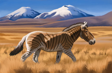 blue_sky brown_stripes day feral field fur grass grasslands mountain multicolored_body multicolored_fur nature outside plant quadruped sky solo stripes tan_body tan_fur walking white_body white_fur agustindiazart hippidion_saldiasi prehistoric_species 2025 hi_res