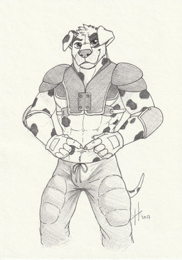 abs anthro bulge clothed clothing front_view glistening glistening_eyes gloves handwear looking_at_viewer male male_anthro muscular muscular_anthro muscular_male simple_background smile solo standing hufnaar canid canine canis dalmatian domestic_dog mammal 2017 absurd_res dated hi_res monochrome portrait sketch three-quarter_portrait