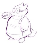 anthro belly breasts buckteeth clothed clothing dialogue eyewear female glasses long_shirt non-mammal_breasts obese obese_anthro obese_female overweight overweight_anthro overweight_female shirt solo speech_bubble standing tail teeth text thick_neck thick_tail three-quarter_view topwear longcriercat undertale undertale_(series) alphys reptile scalie english_text