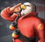 alternate_species american_flag beak clothing explosives feathers for_a_head gesture grenade red_clothing red_topwear salute solo topwear united_states_of_america weapon white_body white_feathers yellow_beak yellow_eyes clarissa_arts team_fortress_2 valve compatriot_(team_fortress_2) soldier_(team_fortress_2) accipitrid accipitriform animal_head animal_humanoid avian bald_eagle bird eagle humanoid sea_eagle 2019 hi_res