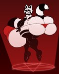 anthro balls big_balls big_bulge big_butt big_penis black_body black_fur bubble_butt bulge butt cheek_tuft clothing cross curvy_figure eyelashes facial_tuft fangs femboy floating fur genitals gloves_(marking) gradient_background grin grinning_at_viewer huge_balls huge_bulge huge_butt huge_penis hyper hyper_balls hyper_bulge hyper_butt hyper_genitalia hyper_penis inverted_cross leg_markings looking_at_viewer male markings multicolored_body multicolored_fur occult_symbol penis pentagram pulling_thong red_clothing red_thong red_underwear simple_background small_waist smile socks_(marking) solo striped_genitalia striped_markings striped_penis striped_tail stripes symbol tail tail_markings teeth thick_thighs thong tuft two_tone_body two_tone_fur underwear white_body white_fur thatdawgmurray rex_raccoon_(rexon02) mammal procyonid raccoon hi_res