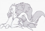 all_fours anthro duo female fingering fur grey_body grey_fur male raised_tail simple_background tail vaginal white_body white_fur sildre lazurek monster nedynvor unknown_species 2016 sketch