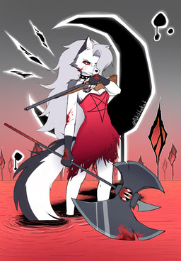 anthro axe blood bodily_fluids clothing collar double_bitted_axe dress female fluffy fluffy_tail fur greataxe gun hair multicolored_body multicolored_fur pupils ranged_weapon red_clothing red_dress red_sclera shotgun slit_pupils solo spiked_collar spikes tail two_tone_body two_tone_fur weapon white_body white_eyes white_fur white_hair pokithekat hellaverse helluva_boss mythology loona_(helluva_boss) canid canid_demon canine demon hellhound mammal mythological_canine mythological_creature 2022 hi_res