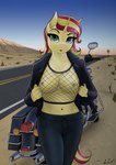 anthro bottomwear breasts clothing denim denim_bottomwear denim_clothing desert female fishnet_clothing grass horn jacket jeans leather leather_clothing leather_jacket leather_topwear looking_at_viewer motorcycle navel nipples pants plant road road_sign solo topwear vehicle walking_towards_viewer apocheck13 conditional_dnp equestria_girls hasbro my_little_pony mythology sunset_shimmer_(eg) equid equine mammal mythological_creature mythological_equine unicorn absurd_res hi_res portrait three-quarter_portrait