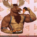 1:1 2_horns abs anthro biceps body_hair cherry_blossom_kid chest_hair deer diffuse_moose eating eating_food food hi_res horn male mammal moose muscular muscular_anthro muscular_male new_world_deer pecs pizza solo