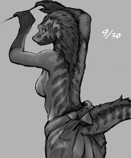 anthro breasts butt claws female finger_claws grey_background jacket_around_waist mottled mottled_body non-mammal_breasts one_fang side_boob simple_background solo striped_back tail tail_hair tongue tongue_out vitaliachiever therocy_(vitaliachiever) dinosaur dromaeosaurid prehistoric_species reptile saurischian scalie theropod absurd_res hi_res monochrome