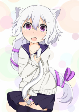 animal_tail cat_tail fangs female hair looking_at_viewer solo tail tail_between_legs tail_grab teeth white_hair sorauta black_bullet midori_fuse animal_humanoid cat_humanoid felid felid_humanoid feline feline_humanoid humanoid mammal mammal_humanoid source_request
