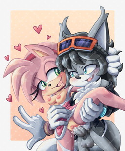 accessory antenna_hair anthro balls black_hair blue_eyes bodily_fluids clitoral_hood clitoris clothed clothing clothing_around_one_leg countershade_torso countershading drooling duo ear_tuft eyewear eyewear_on_head female fluffy fluffy_chest from_behind_position genital_fluids genitals gloves goggles goggles_on_head green_eyes grey_body hair handwear headband heart_symbol jacket male nipples open_clothing open_jacket open_topwear partially_clothed penetration penile penile_penetration penis_in_vagina pink_body pointy_ears puffy_nipples saliva sex standing standing_sex topwear tuft underwear underwear_around_one_leg underwear_down vaginal vaginal_penetration onixtymime sega sonic_the_hedgehog_(series) amy_rose fan_character eulipotyphlan hedgehog mammal unknown_species hi_res signature watermark