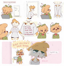 anthro bodily_fluids bra_strap chest_tuft clothed clothing collar crying cute_fangs depression dialogue door drawing_tablet duo emotional_damage fail fangs female female/female flat_chested fur hair half-closed_eyes hoodie humor knocking_on_door moody_lighting multicolored_body multicolored_fur narrowed_eyes off_shoulder orange_body orange_fur orange_hair ouch rejection sad screaming shirt small_breast_angst small_breast_humiliation speech_bubble suffering t-shirt tears teeth text topwear tuft white_body white_fur rolo_stuff boobs?_wanna_touch_boobs? berri_(cherry_beries) rolo_(rolo_stuff) canid canine canis domestic_cat domestic_dog felid feline felis mammal absurd_res comic english_text hi_res meme nonbinary_(lore)
