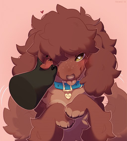 ambiguous_gender anthro begging blue_collar blush blush_lines brown_body brown_fur brown_hair brown_nose claws collar disembodied_hand duo feral fluffy freckled_face freckles fur green_eyes hair hand_on_face heart_pupils heart_symbol long_ears looking_at_viewer one_eye_closed snout tail tail_motion tailwag shiones canid canine canis domestic_dog mammal colored digital_drawing_(artwork) digital_media_(artwork) half-length_portrait hi_res portrait shaded